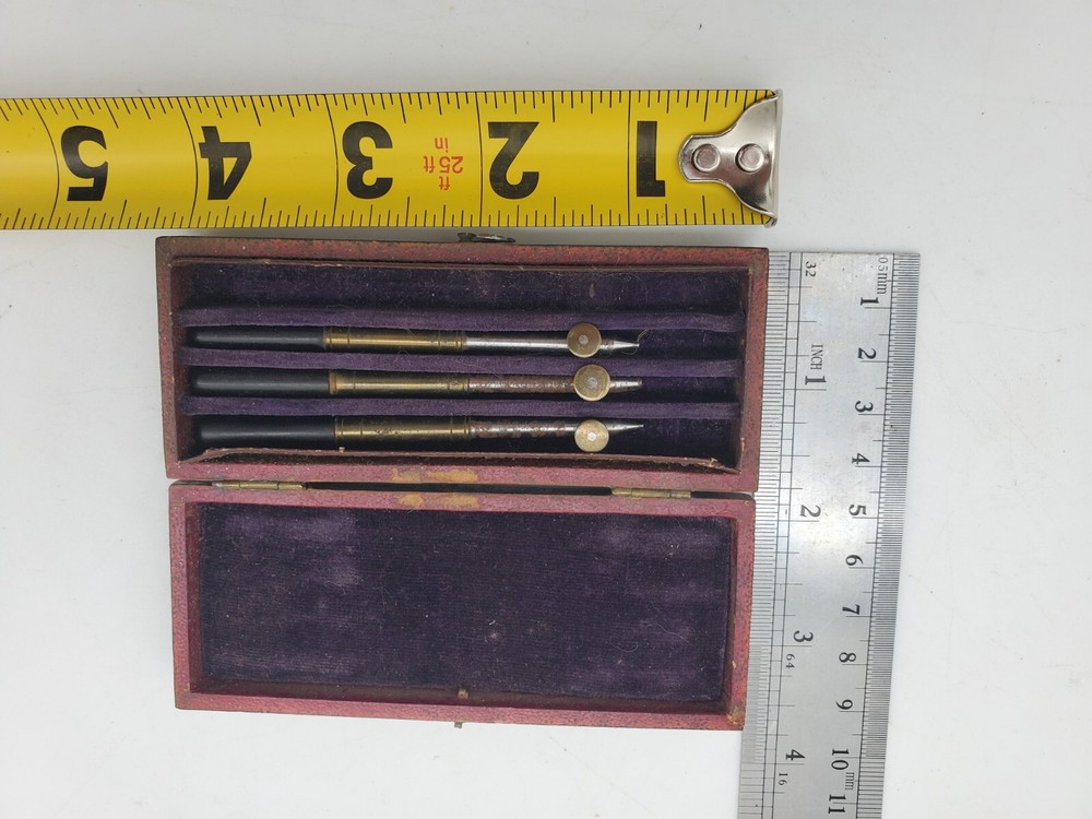 ANTIQUE DRAFTING & DRAWING INSTRUMENT 1800s EBONY HANDLE SET PEN TOOL ENGINEER