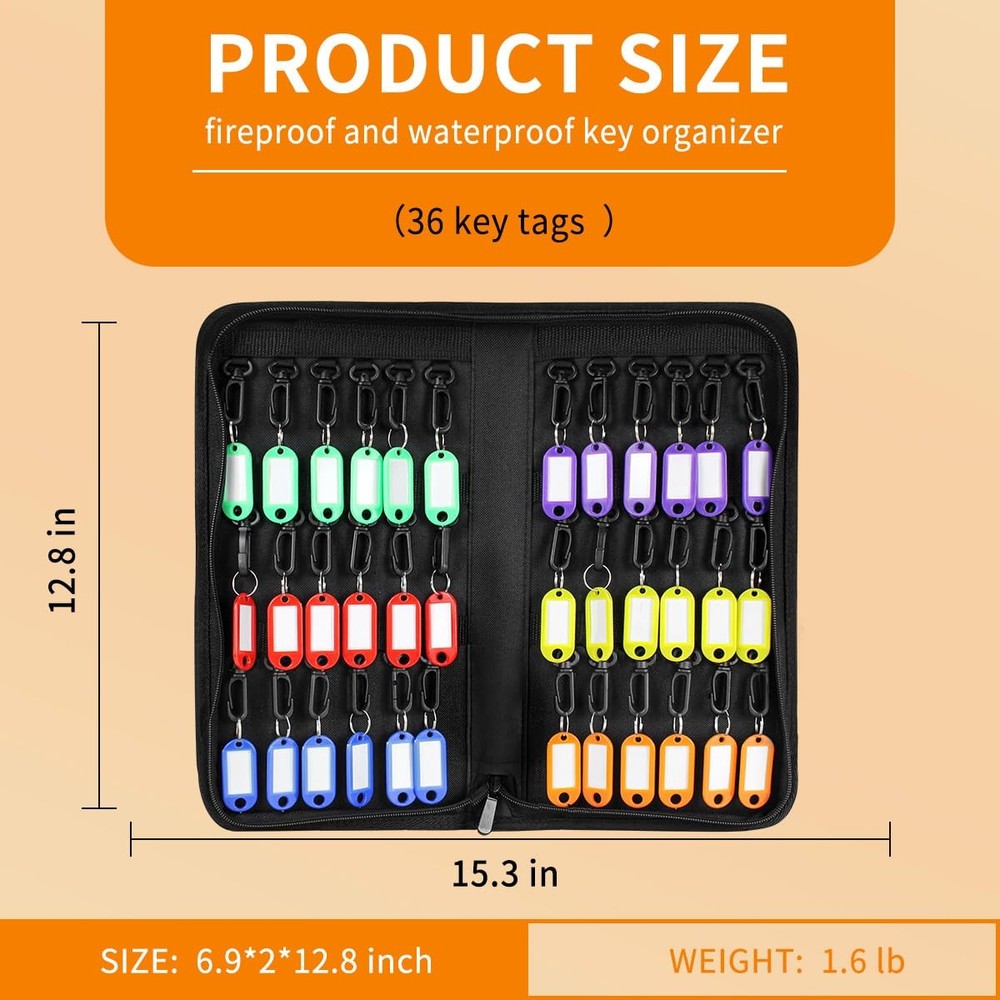 Portable Fireproof Waterproof Zippered Key Case Organizer 36 Hooks Tags Book