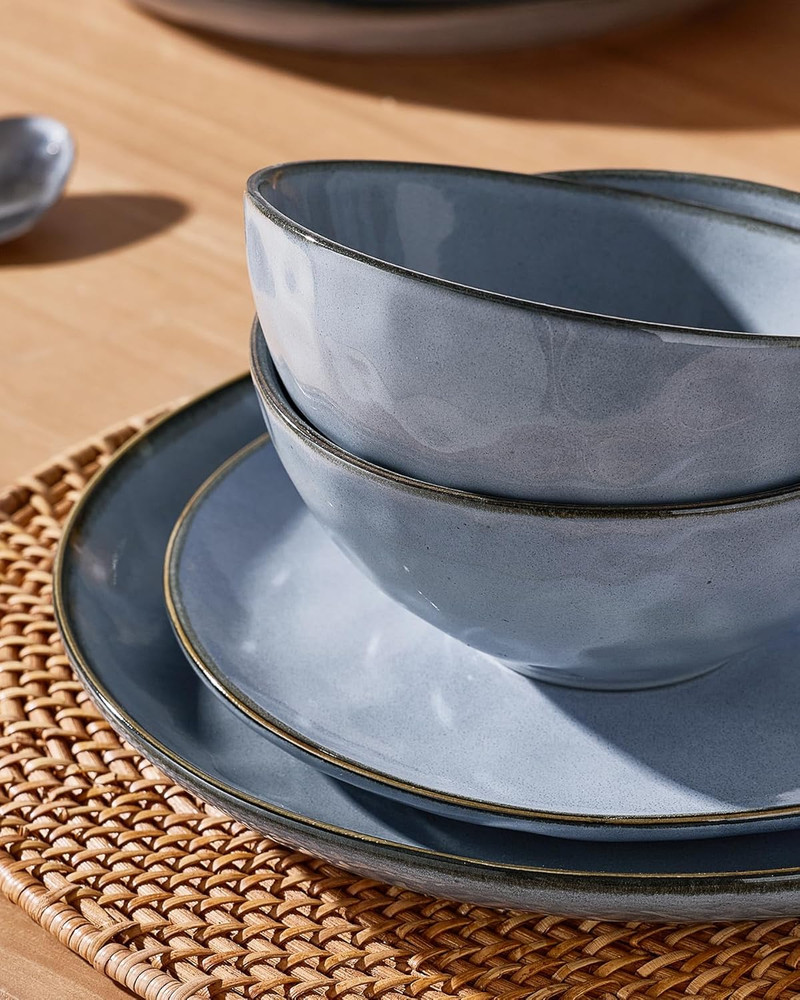 Dinnerware Sets for 4, Ocean round 12-Piece Kitchen Plates and Bowls Sets, React