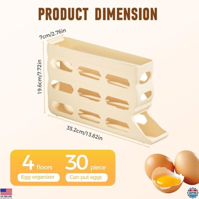 4-Tier Automatic Rolling Egg Holder - White Organizer for 30 Eggs - Kitchen