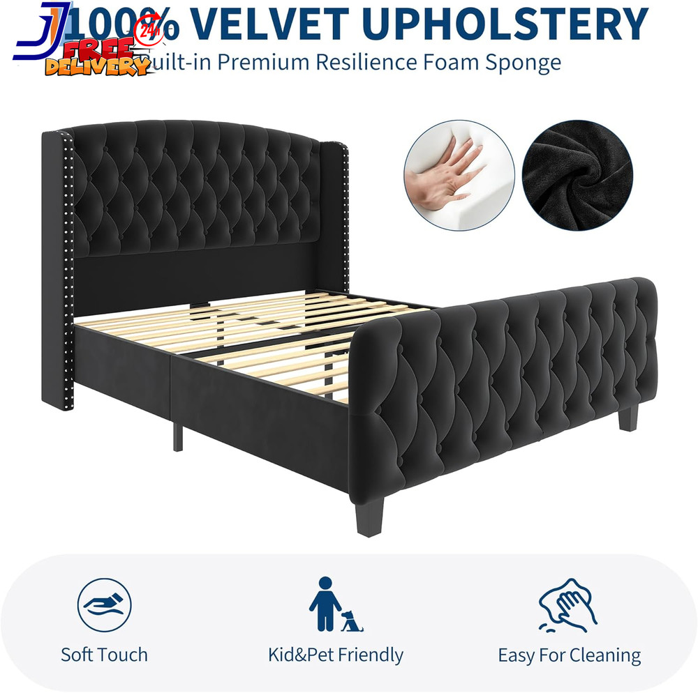 Chic 51" Tufted Suede Queen Bed Frame with Wingback & Nailhead Accent