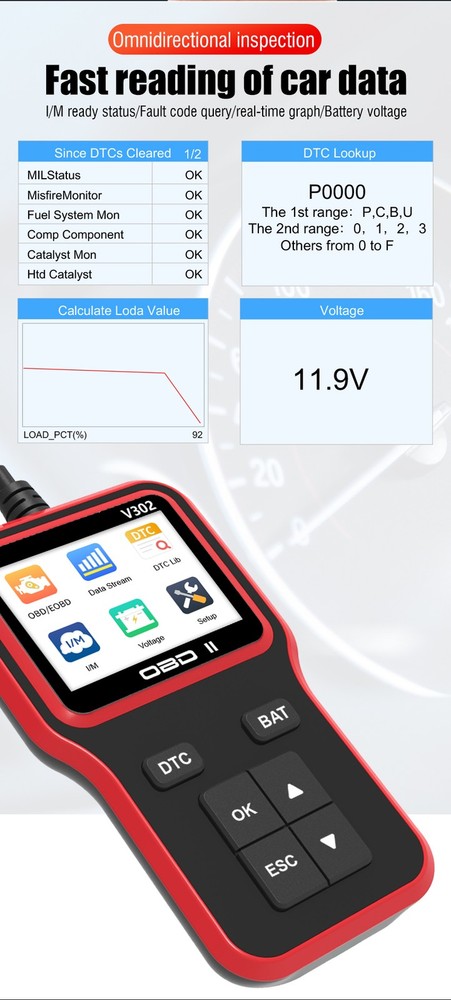 OBD2 Scanner Car Code Reader Battery Voltage Test O2 Sensor Live Data EVAP Test