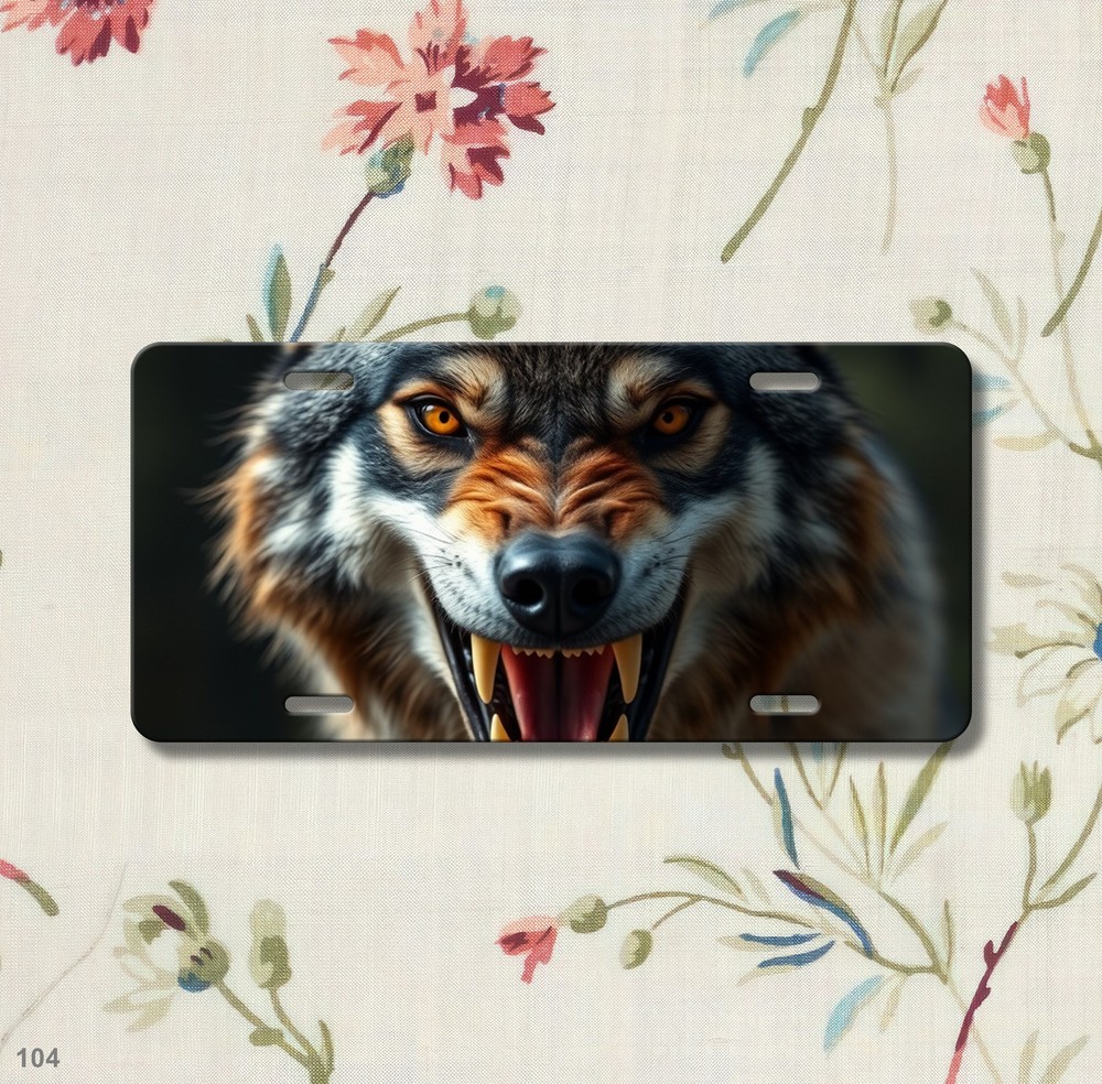 Aggressive Wolf License Plate with Fangs Customizable Auto Tag Unique Gift
