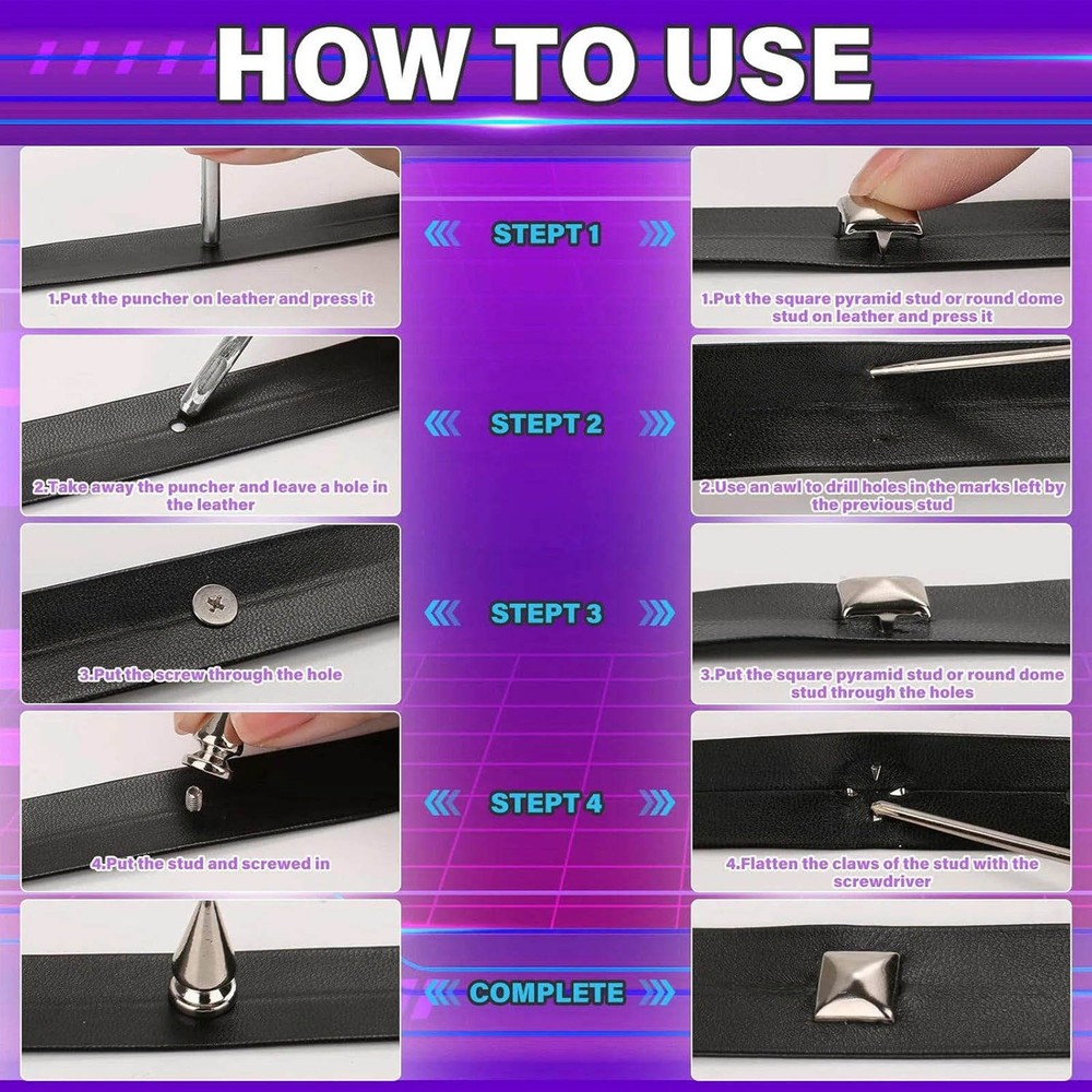 DIY Leather Jacket Spikes and Studs Kit 455PCS Cone Square Dome with Tools