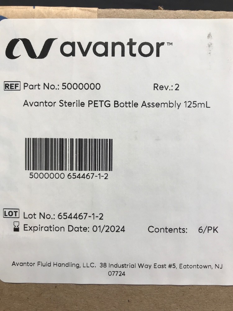 (6/Pack) AVANTOR 125mL PETG Single Use Bottle Assembly Sterile C-Flex 5000000