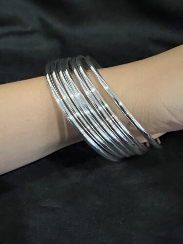 Women Bangle Set of 7 Bangles 925 Sterling Silver Plain Wide Statement Bangle