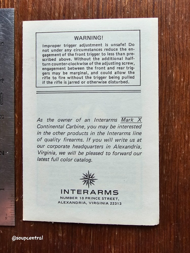 Interarms Mark X 10 double set trigger instruction flyer/manual. Original.