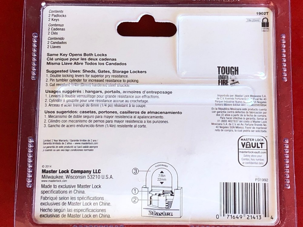 2-PACK MASTER LOCK 1902T DOUBLE LOCKING LEVERS 1/4" SHACKLE SHED GATE STORAGE