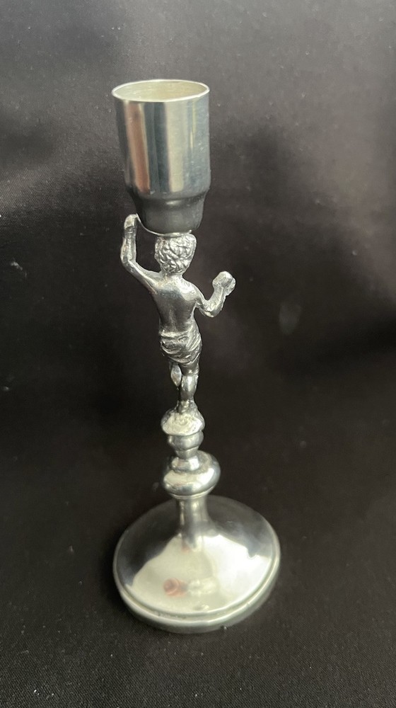 Antique Solid Silver Taper Candle Stick With Cherub Detail. Birmingham 1902