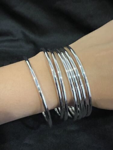 Women Bangle Set of 7 Bangles 925 Sterling Silver Plain Wide Statement Bangle