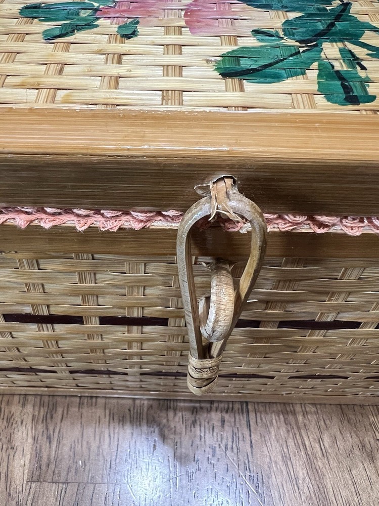 Vintage Wicker Tan Sewing Basket with Handle Painted Lid Lined