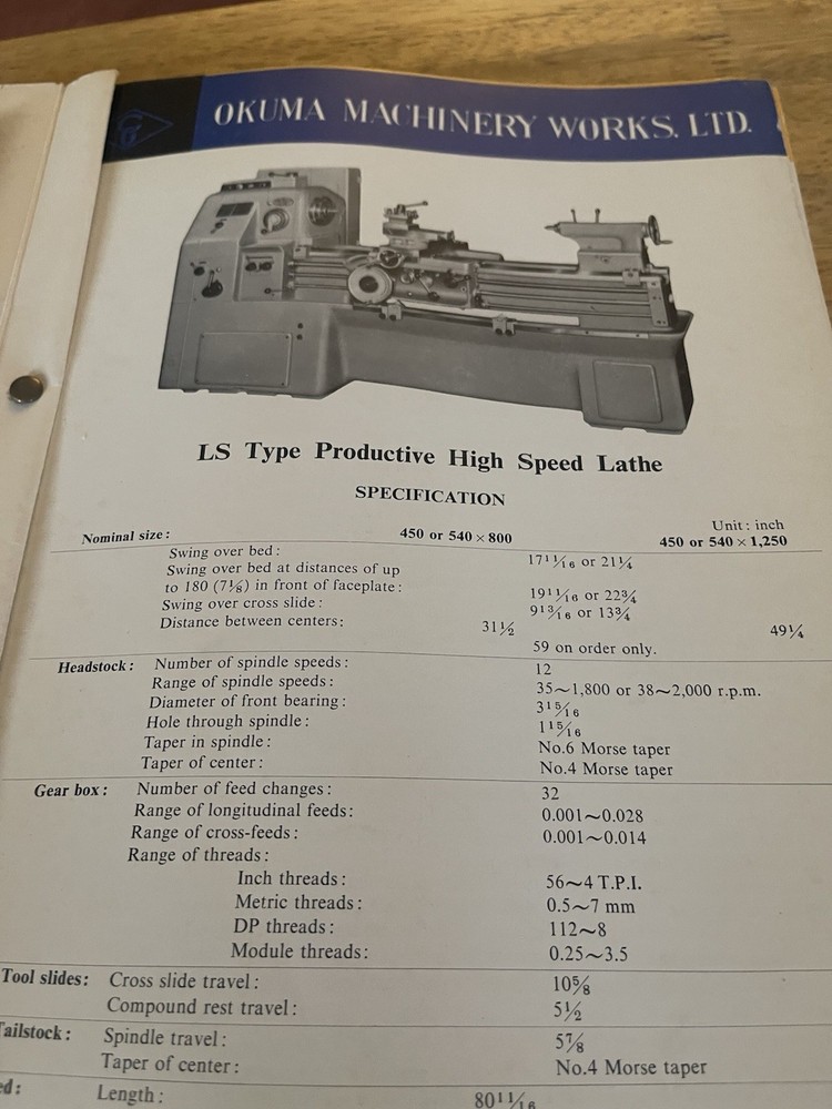 Okuma Machinery Works Specification Catalog,various lathes