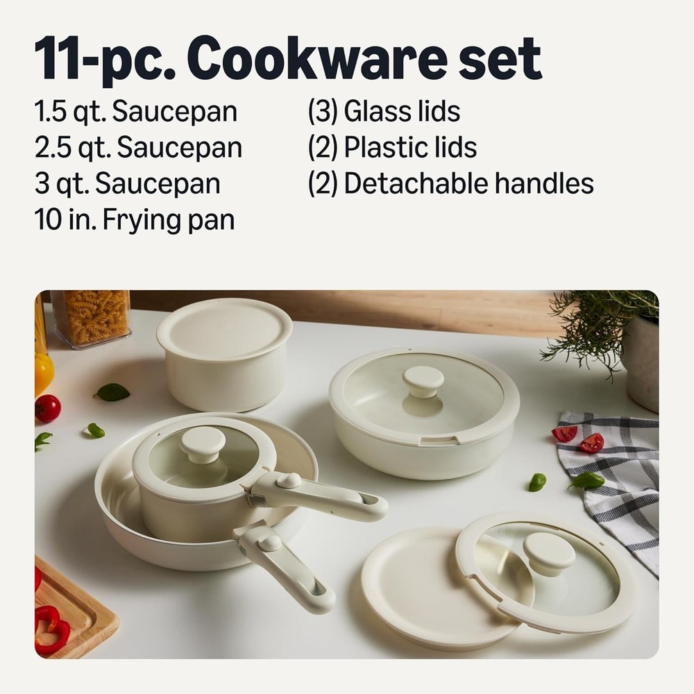 Amazon Basics Ceramic Nonstick Pots and Pans Set, 11 Piece, Linen Gray