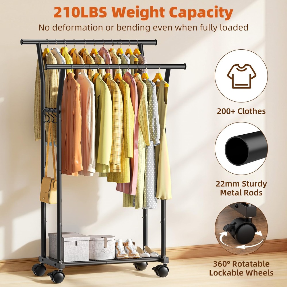 Double Rods Clothes Rack for Hanging Clothes, Rolling Clothing Rack with Side...