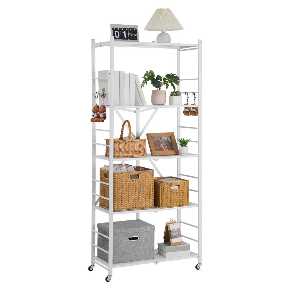 Rolling 5-Tier Storage Shelf Cart No Assembly Folding Organizer White