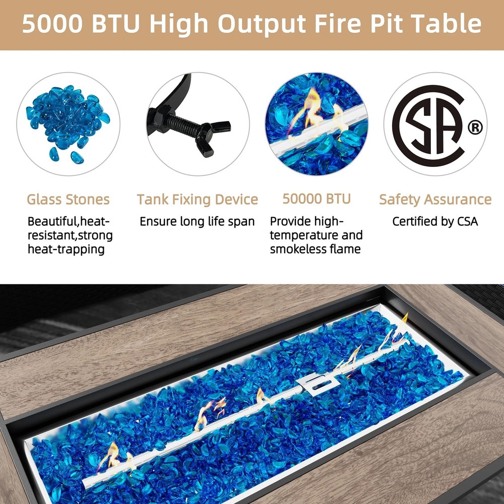 45in Fire Table, Propane Fire Pit with Glass Wind Guard and Rain Cover