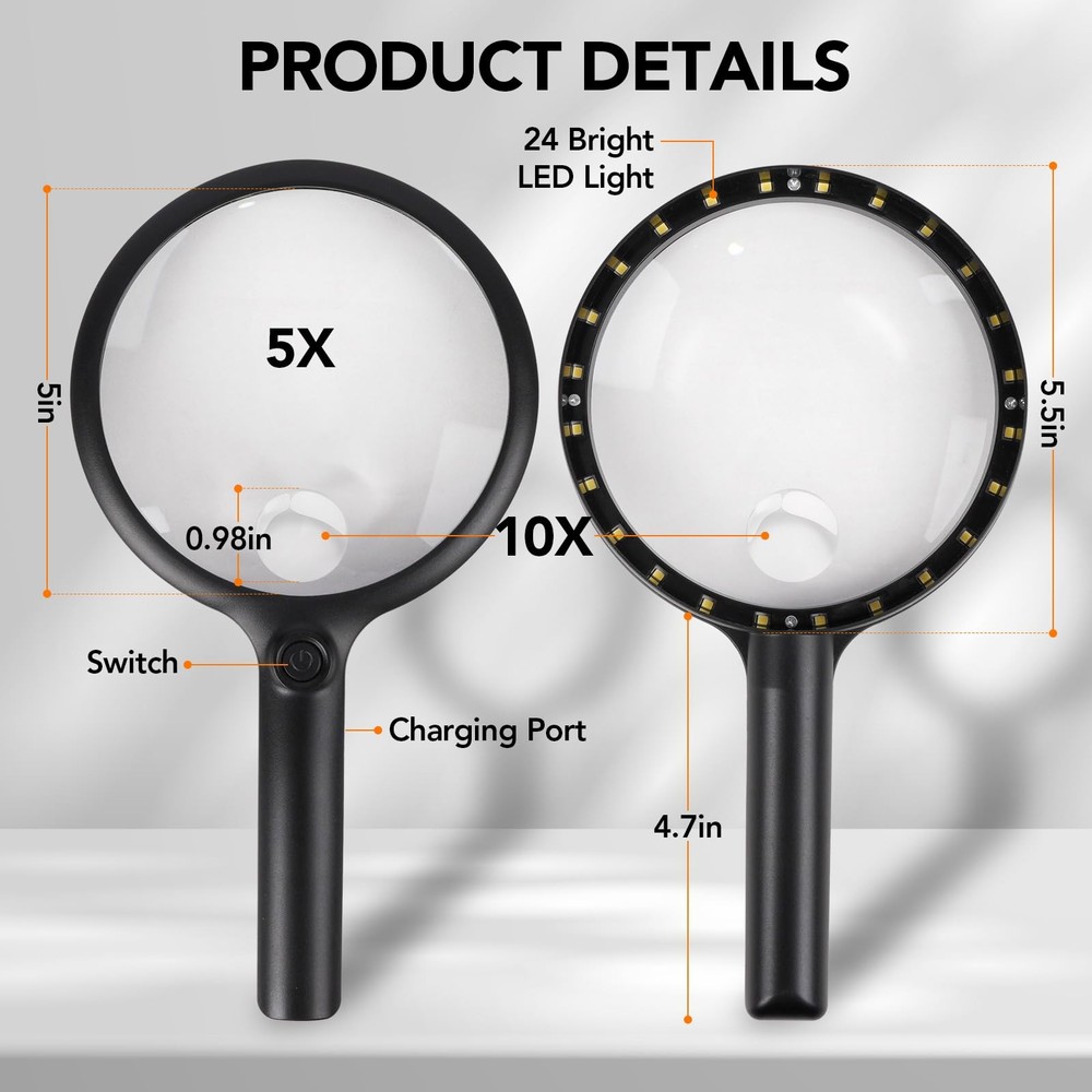 2000mAh Rechargeable Magnifying Glass with Light, 5X/10X Large Handheld Light...