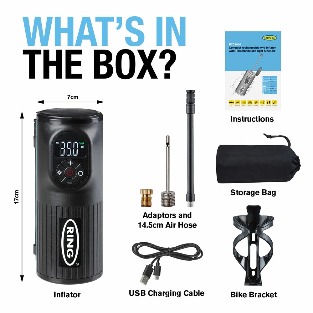 RTC2000 Ring Handheld Digital Tyre Inflator Air Compressor USB LED Cordless
