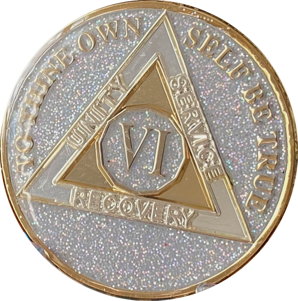 6 Year AA Medallion Opal Silver Glitter Tri-Plate Sobriety Chip