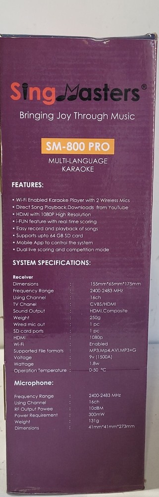 SingMasters Karaoke system Multi Language Wi-Fi Wireless SM-800 Pro