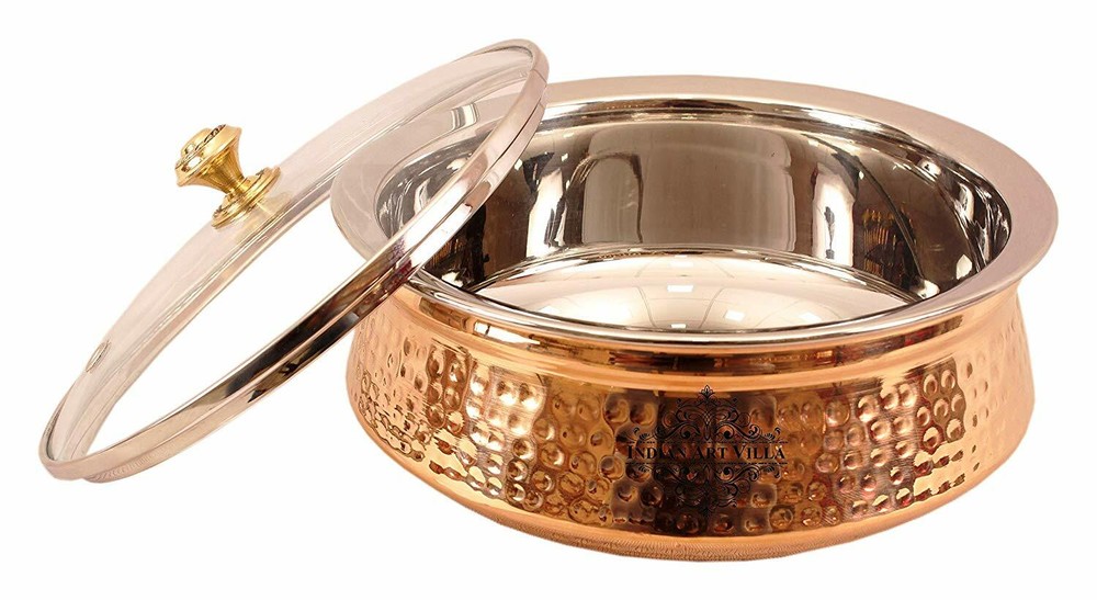 Copper Stee Hammered Casserole Donga Bowl With Glass Lid Tableware 1350ml