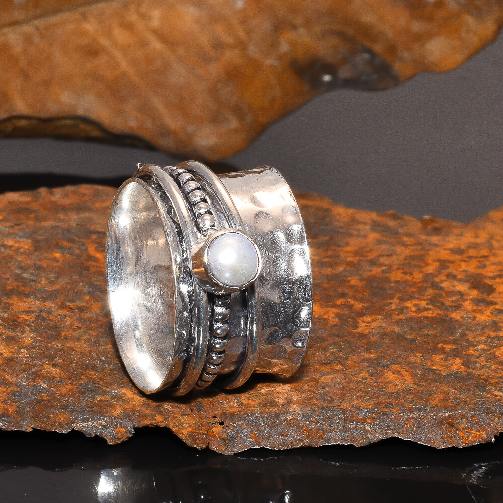 Handmade 925 Sterling Silver Pearl Statement Spinner Ring Worry Stress