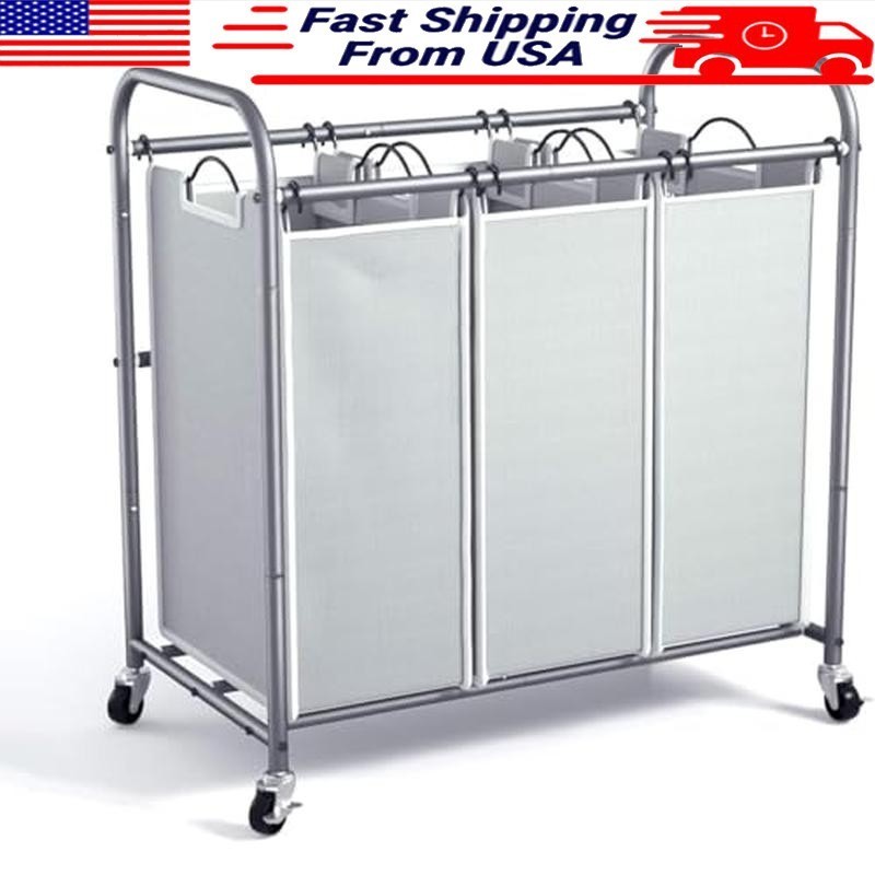 Laundry Sorter 3 Section Hamper W/ Rolling Lockable Wheels Removable Bags New