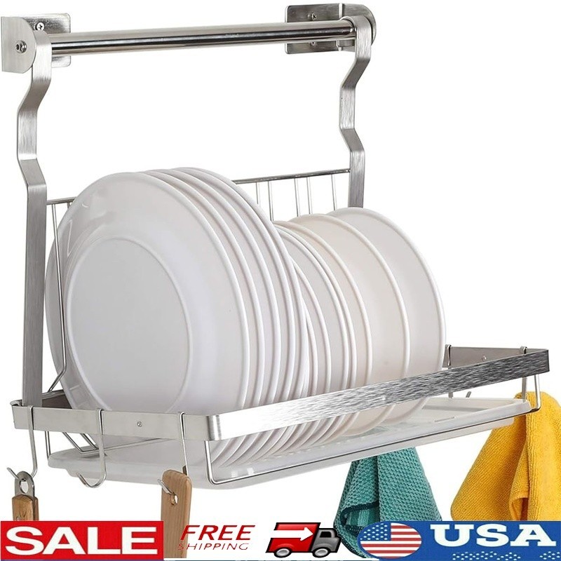 Stainless Steel Dish Drying Rack Wall Mount Space Saving Drainboard Hooks New