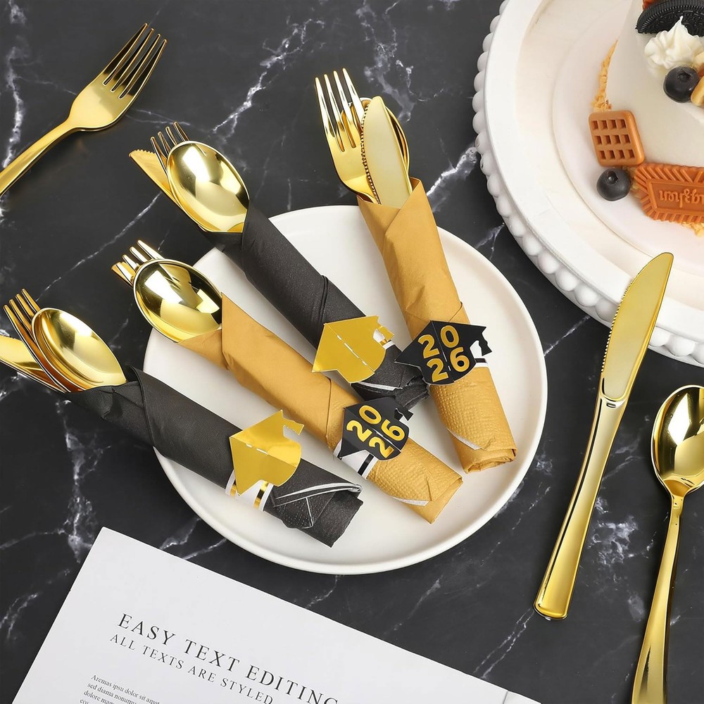 50 Pack Pre Rolled Gold Plastic Silverware Sets Graduation Heavy Duty Plastic...