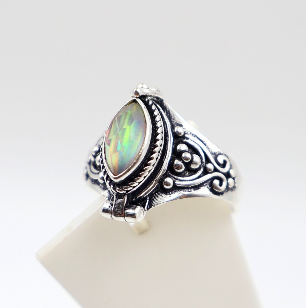 Aurora Opal Stone Poison Ring, 925 Silver Platted, Compartment Pill Box Ring