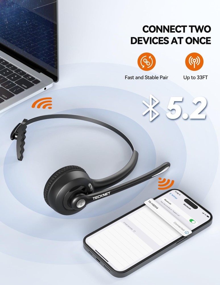 TECKNET Bluetooth Wireless Headset w/ Noise Cancelling Mic for Trucker Office PC