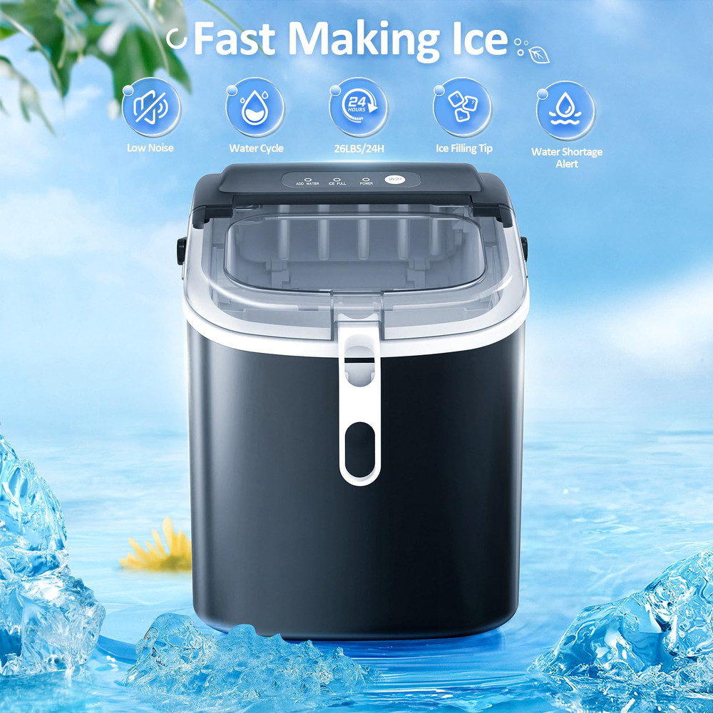 YUKOOL Countertop Ice Maker,Handle Portable Ice Maker,24H/26lbs,8Min/9 Ice Cubes