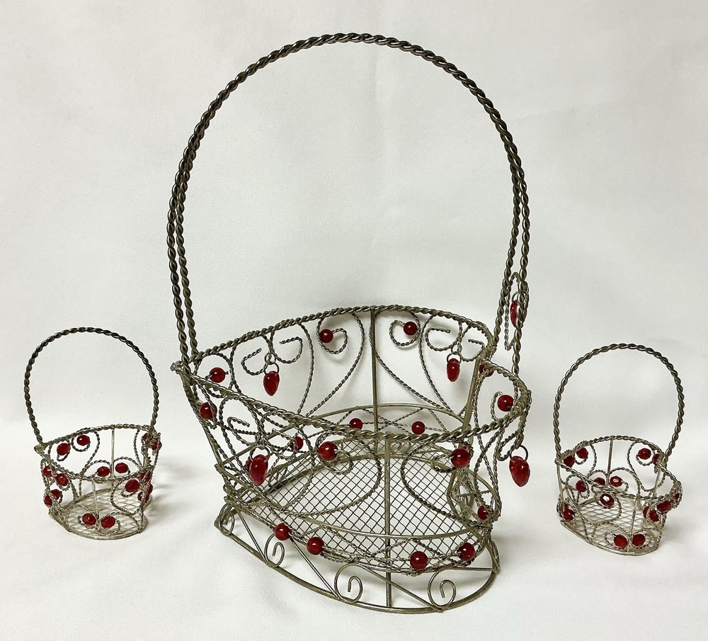 3 Heart Shaped Wire Baskets With Red Beads