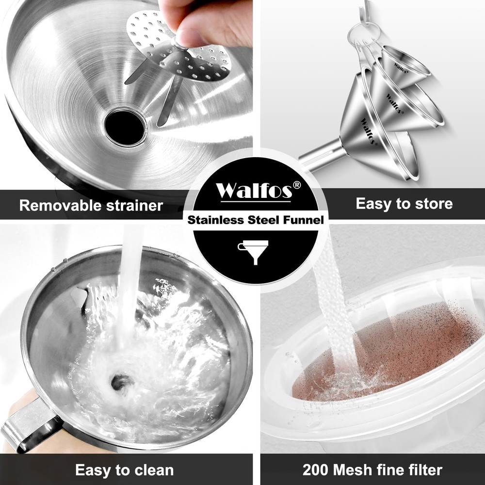 Compact Stainless Steel Funnels Set: 6 Sizes with 2 Strainers & Cleaning Brush