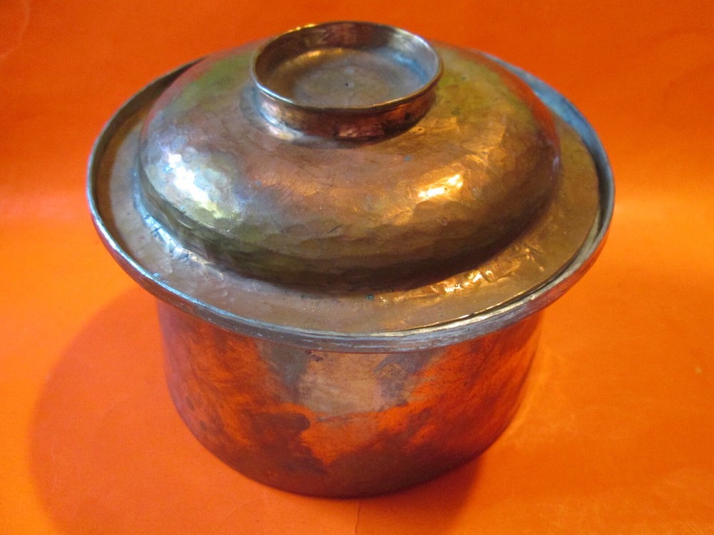 Old Copper Solid Unique Shape ORNATE Handcrafted HAMMERED SMALL POT W LID VTG