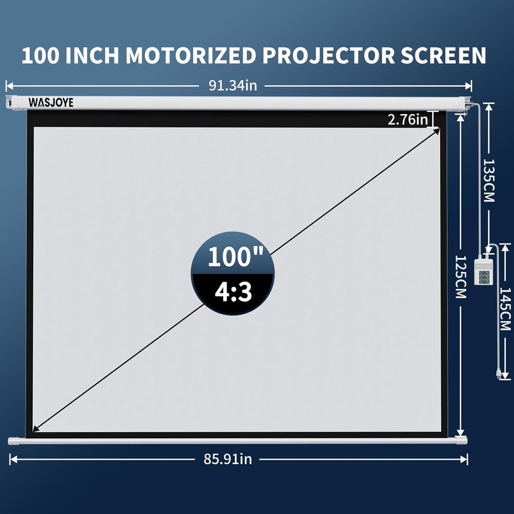 Motorised Projector Screen 100" - 4:3 Electric Projector Screen Wall/Ceiling Mou