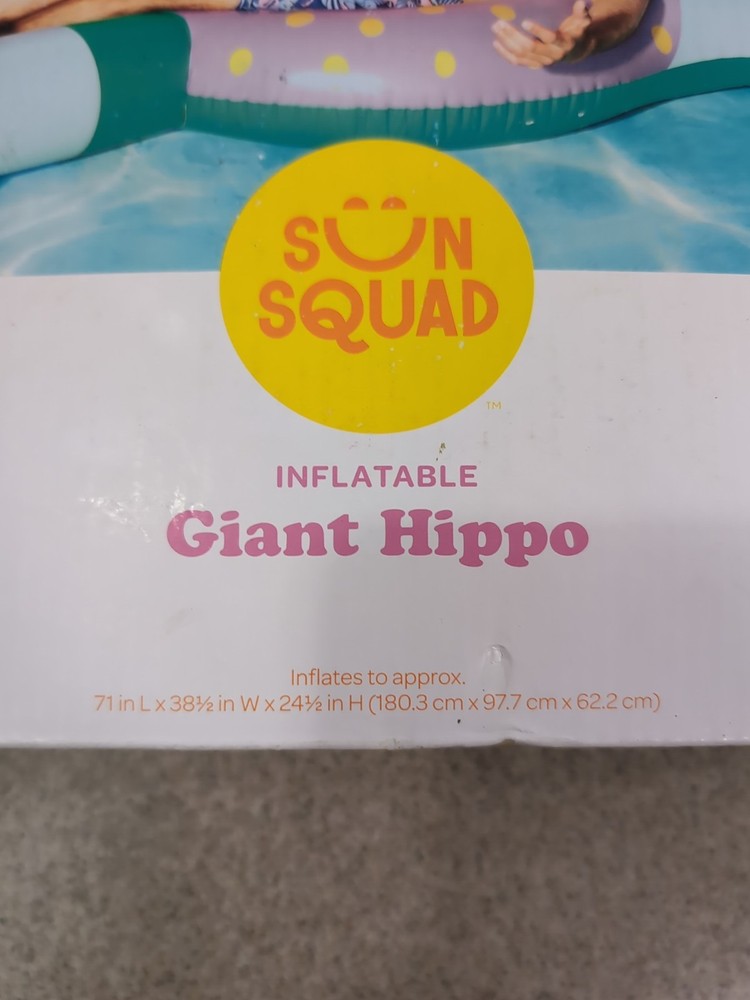 Giant Pool Float Party Hippo Sun Squad Inflatable 71" Long NIB, Floatie