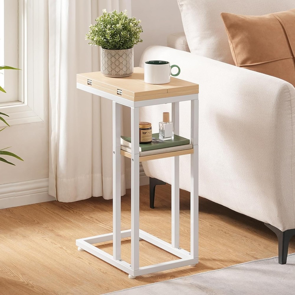 Foldable End Table C Shaped Side Table W/ Storage Shelf Small Snack Table