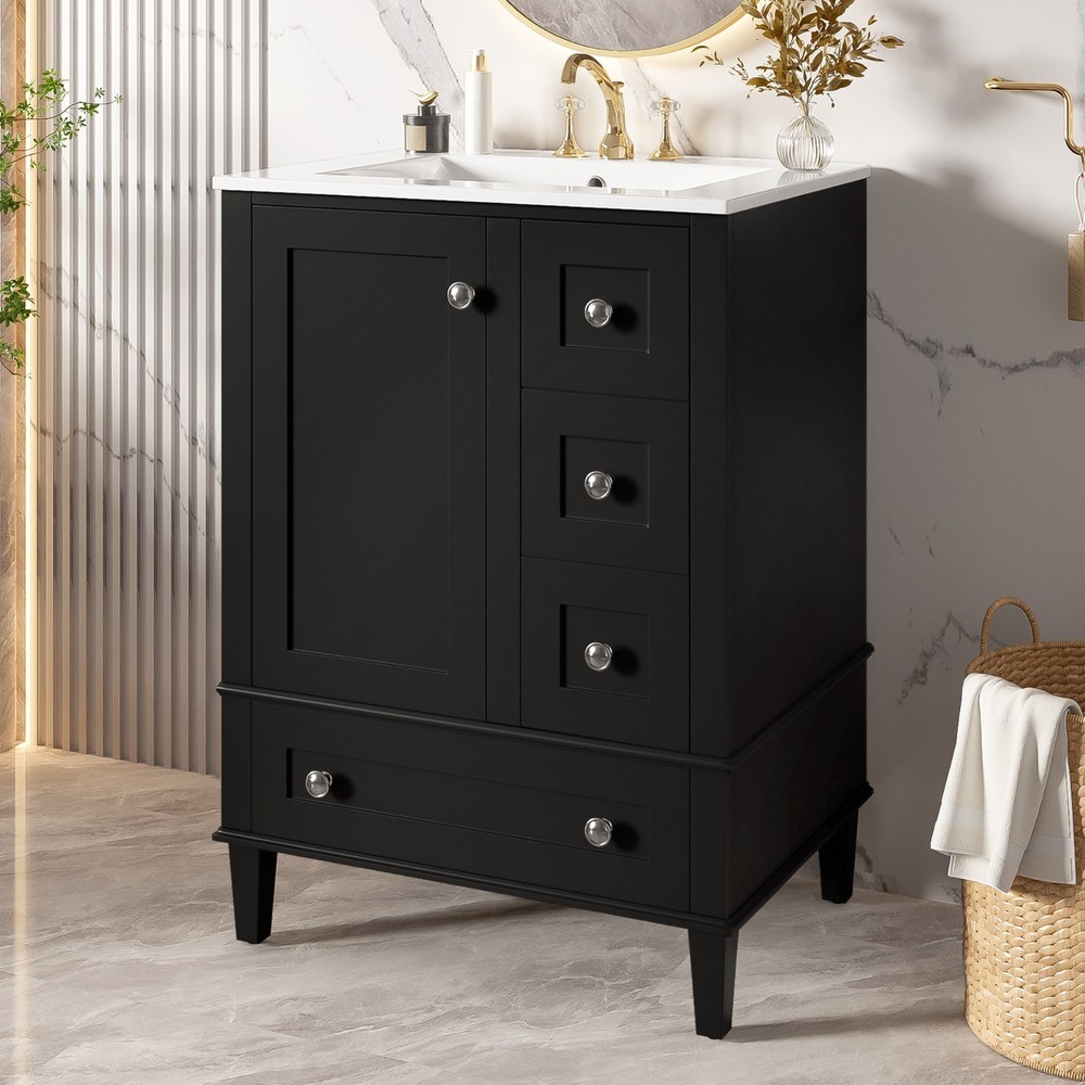 24" Bathroom Vanity with Ceramic Sink &Soft-close Drawers &Double-Layer Shelf