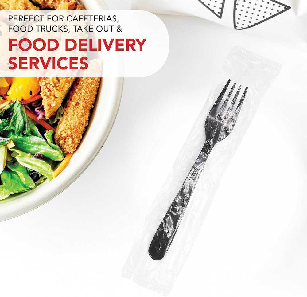 Individually Wrapped Black Plastic Utensil Sets/Heavy Duty Flatware Packs, Fork,