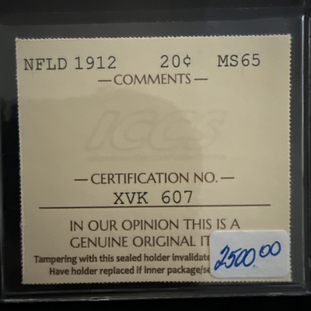 1912 Newfoundland Twenty Cent - ICCS MS65 - Rare in this Condition!