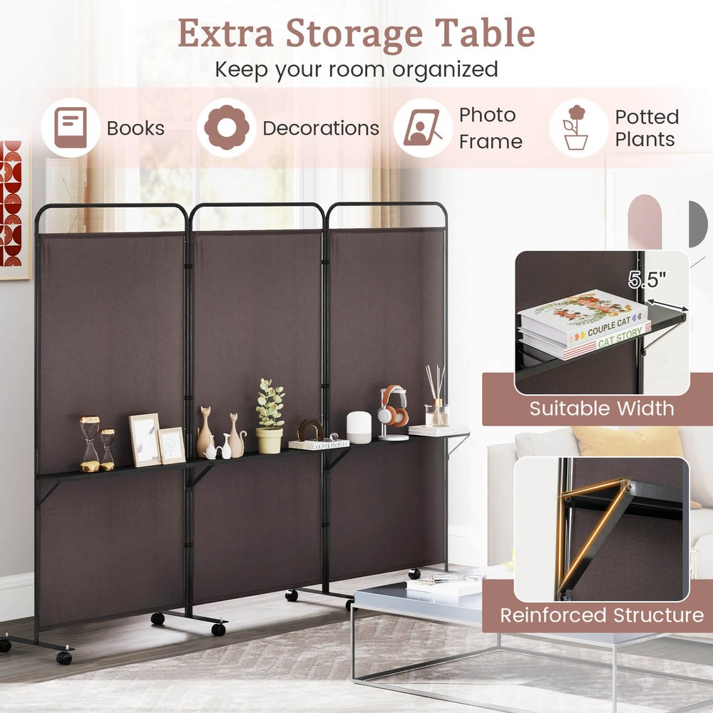 3-Panel Room Divider w/ Storage Shelves 6FT Tall Folding Privacy Screen on