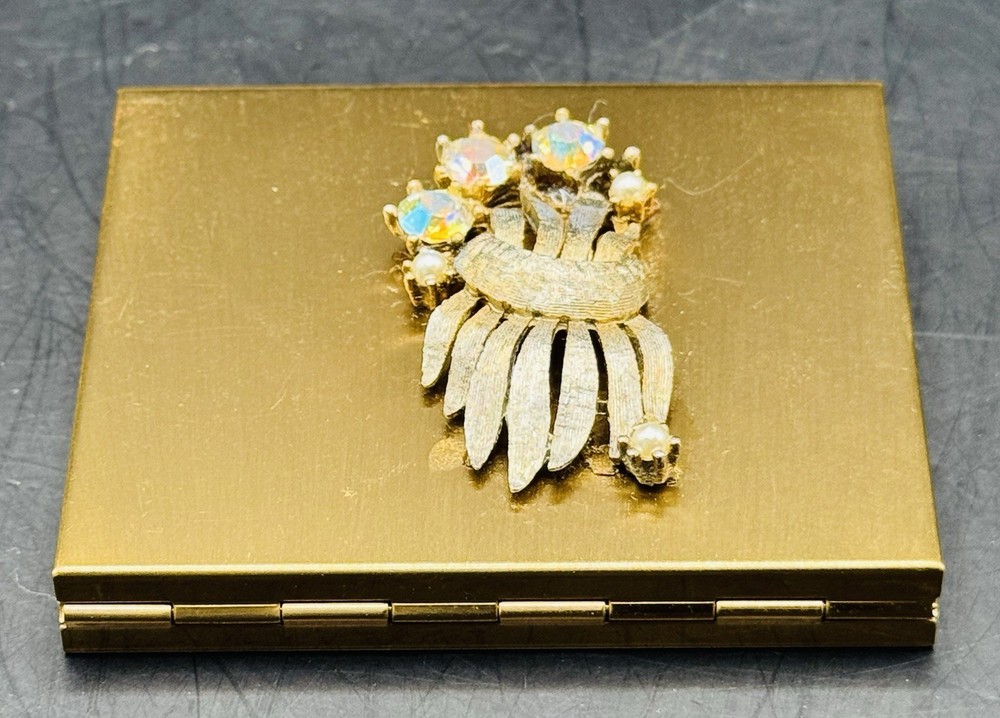 Vintage 1950s Brass Jeweled Compact Mirror Small Rectangular Mirror