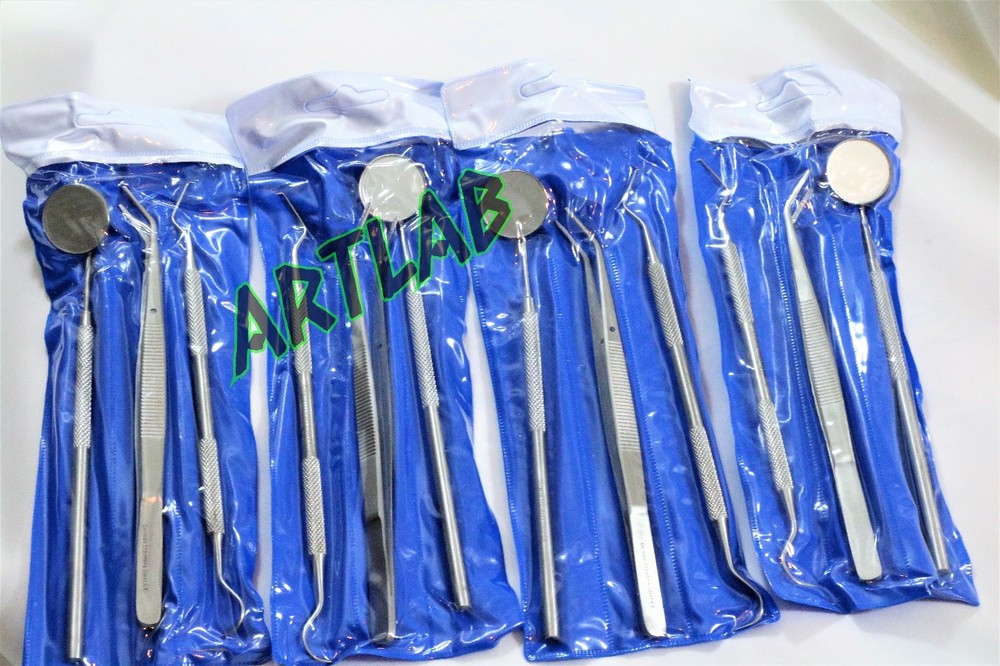 4 GERMAN BASIC DENTAL SETS- EXPLORER PROBE+DENTAL MIRROR+COLLEGE COTTON PLIER