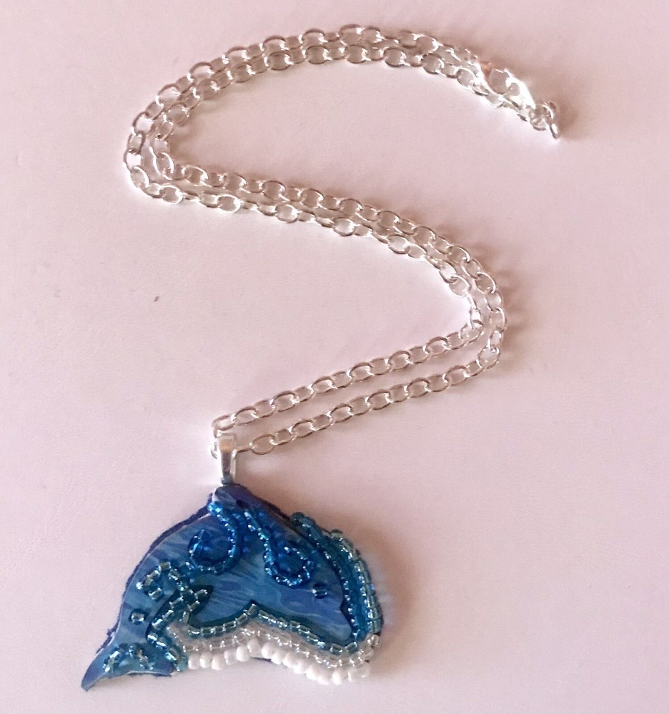 Handmade Blue Dolphin Beaded Art Necklace