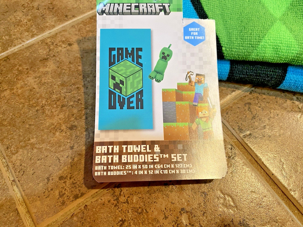 Minecraft Game Over Bath Towel and Bath Buddy Set NWT