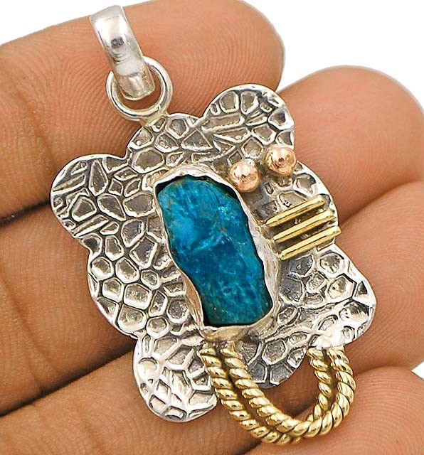 Natural Three Tone Neon Blue Apatite 925 Solid Sterling Silver Pendant, @B3-6