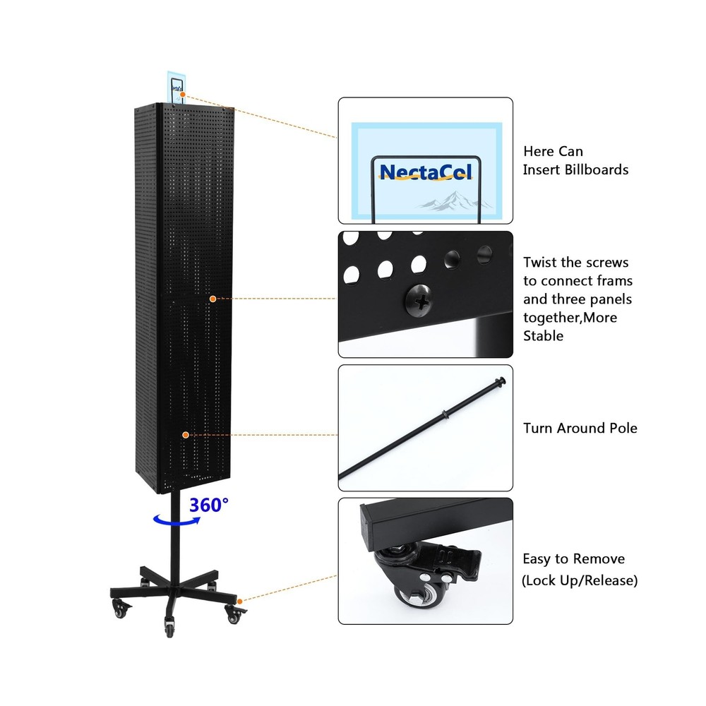 Triangular Metal Pegboard Panels Display with Base and Pole, Black Pegboard D...