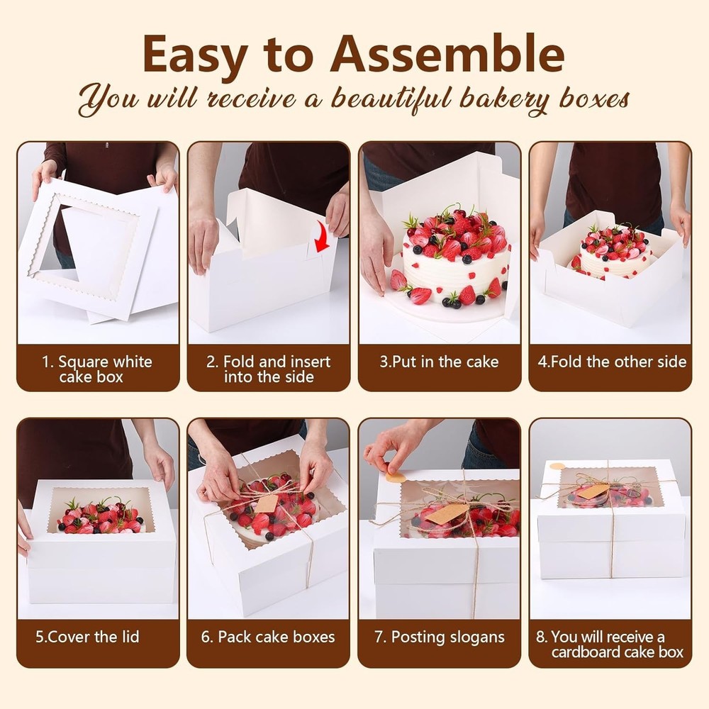 12x12x6 Bulk 4 Pcs Cake Boxes 12 Inch Square Cake Boxes with Window, Cake Con...