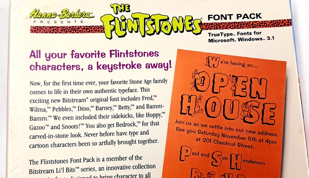 FLINTSTONE FONT PACK FLOPPY DISK MS-DOS/WINDOWS 3.1 VINTAGE NOS